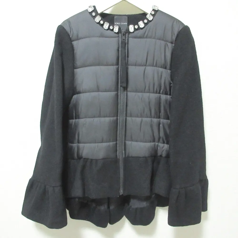 YOKO CHAN ヨーコチャン ビジュー装飾 ノーカラーショートウォームコート 36 ブラック
