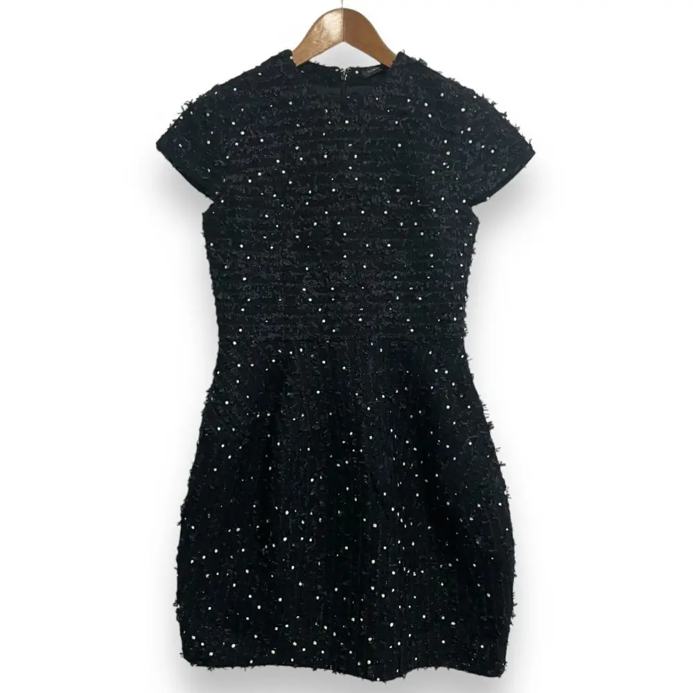 クリーニング済 YOKO CHAN ヨーコチャン ドット柄 半袖 ひざ丈 ツイードバルーンワンピース YCD-519-440 38 ブラック