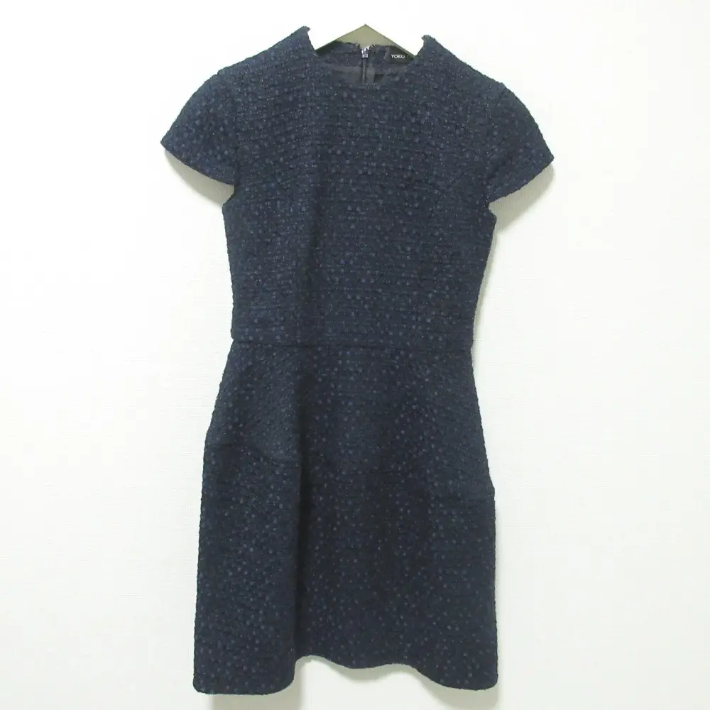 YOKO CHAN ヨーコチャン ツイード フレンチスリーブ 膝丈 ドレス ワンピース 36 ネイビー
