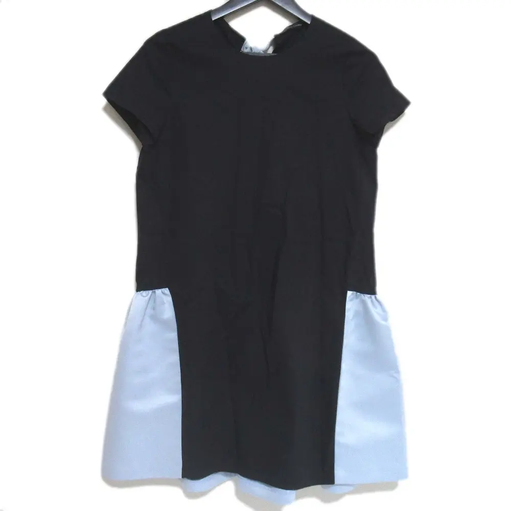 YOKOCHAN ヨーコチャン ストレッチ ショートスリーブ バックリボン チュニック ブラウス 38サイズ ネイビー×ライトブルー