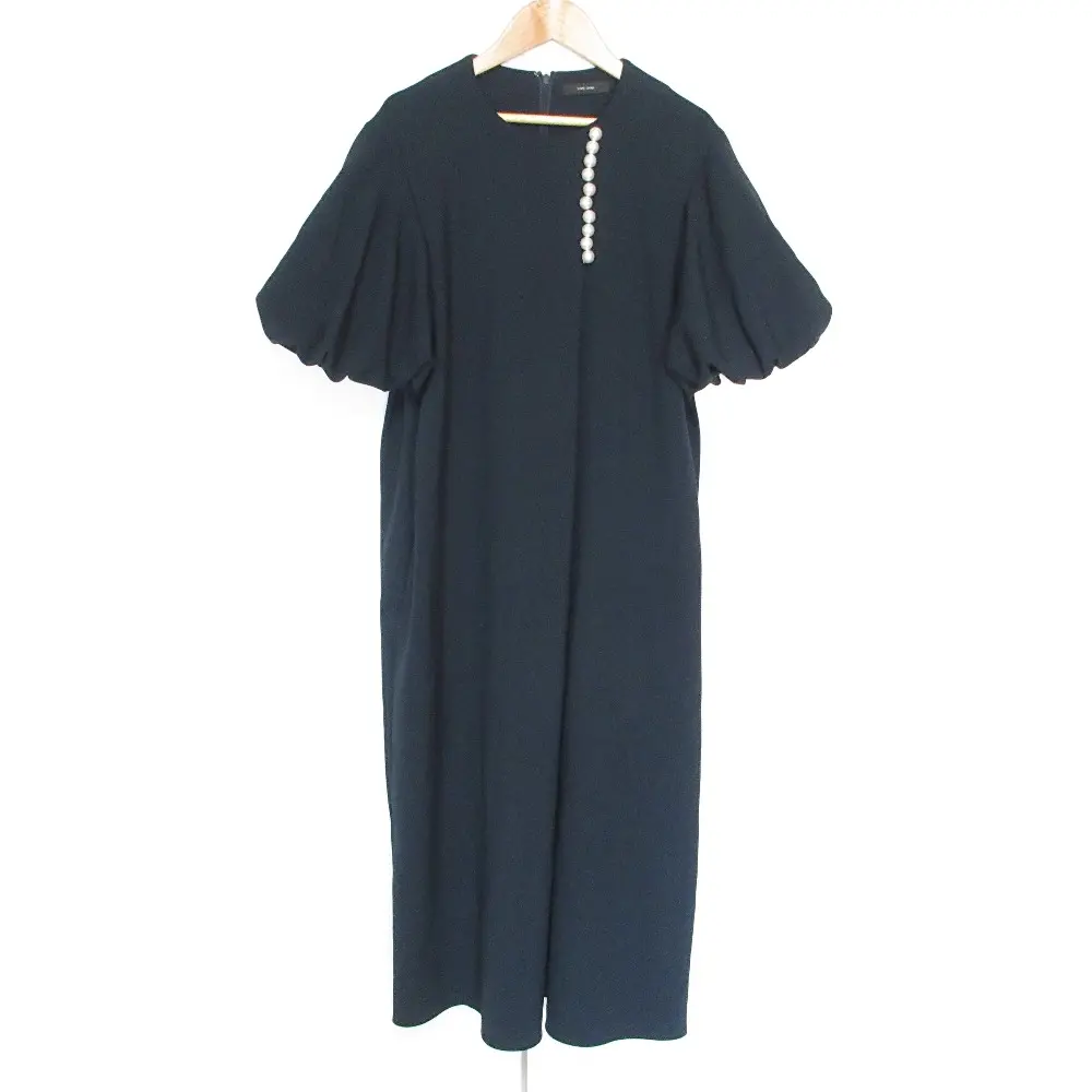23AW YOKO CHAN ヨーコチャン 半袖 バルーンスリーブ パールタック ドレス ワンピース 40 ネイビー