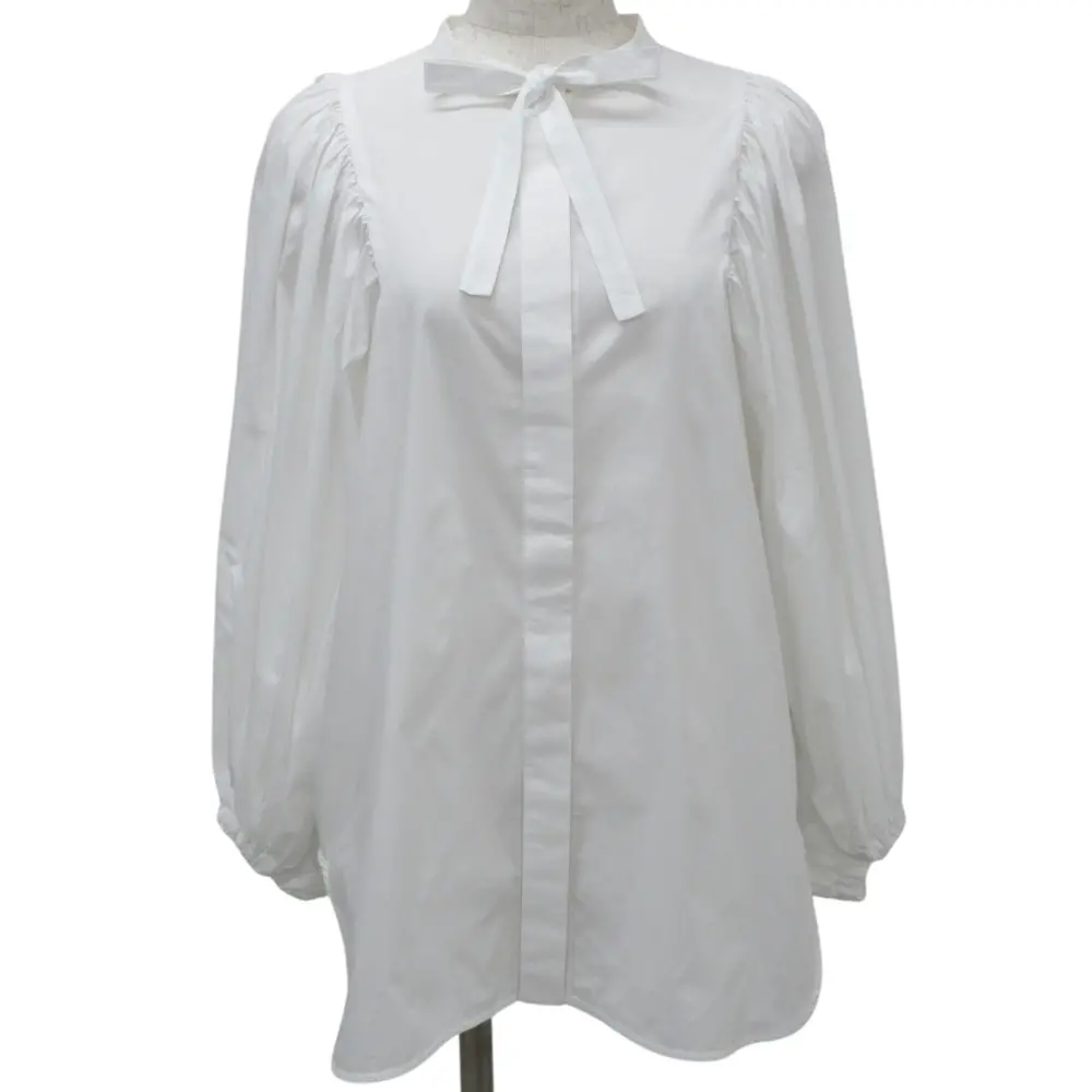 クリーニング済み 21AW yori ヨリ リボンパフスリーブブラウス 長袖 バンドカラー シャツ YR2121-096AW-7 サイズF ホワイト