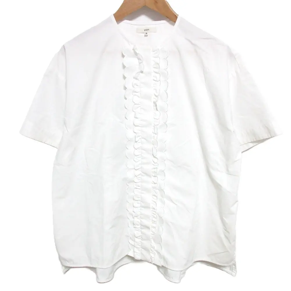 22SS yori ヨリ スカラップ フリル 半袖 ノーカラー 比翼ボタン ブラウス シャツ 36 ホワイト