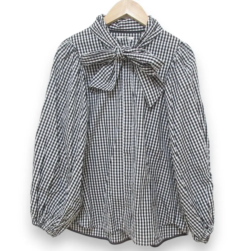 22AW yori ヨリ ギンガムチェック ビックリボン パフスリーブ 比翼ボタン 長袖 ブラウス シャツ 36 ブラック×ホワイト