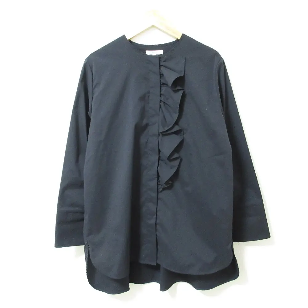 yori ヨリ フロントフリルブラウス 比翼ボタン 長袖 ロングスリーブ ノーカラーシャツ YR2021-096AW 36 ネイビー