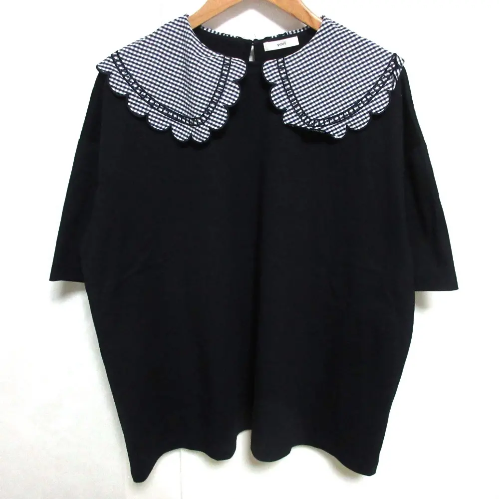 23SS yori ヨリ ギンガムスカラップカラー 半袖 カットソー ブラウス YR11-23079SM F ネイビー