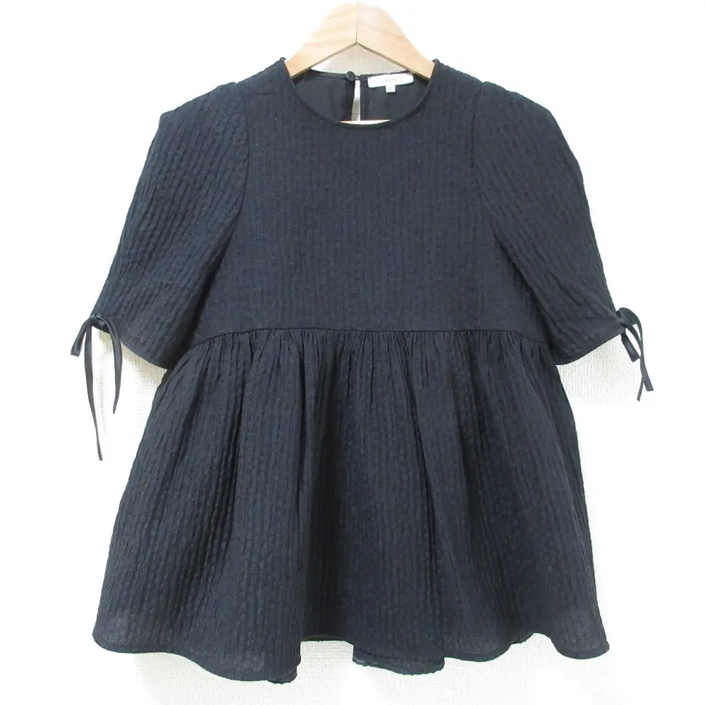 22SS yori ヨリ フクレフレアブラウス ラメ 五分袖 半袖 プルオーバー チュニック カットソー YR2221-080SM 36 ブラック