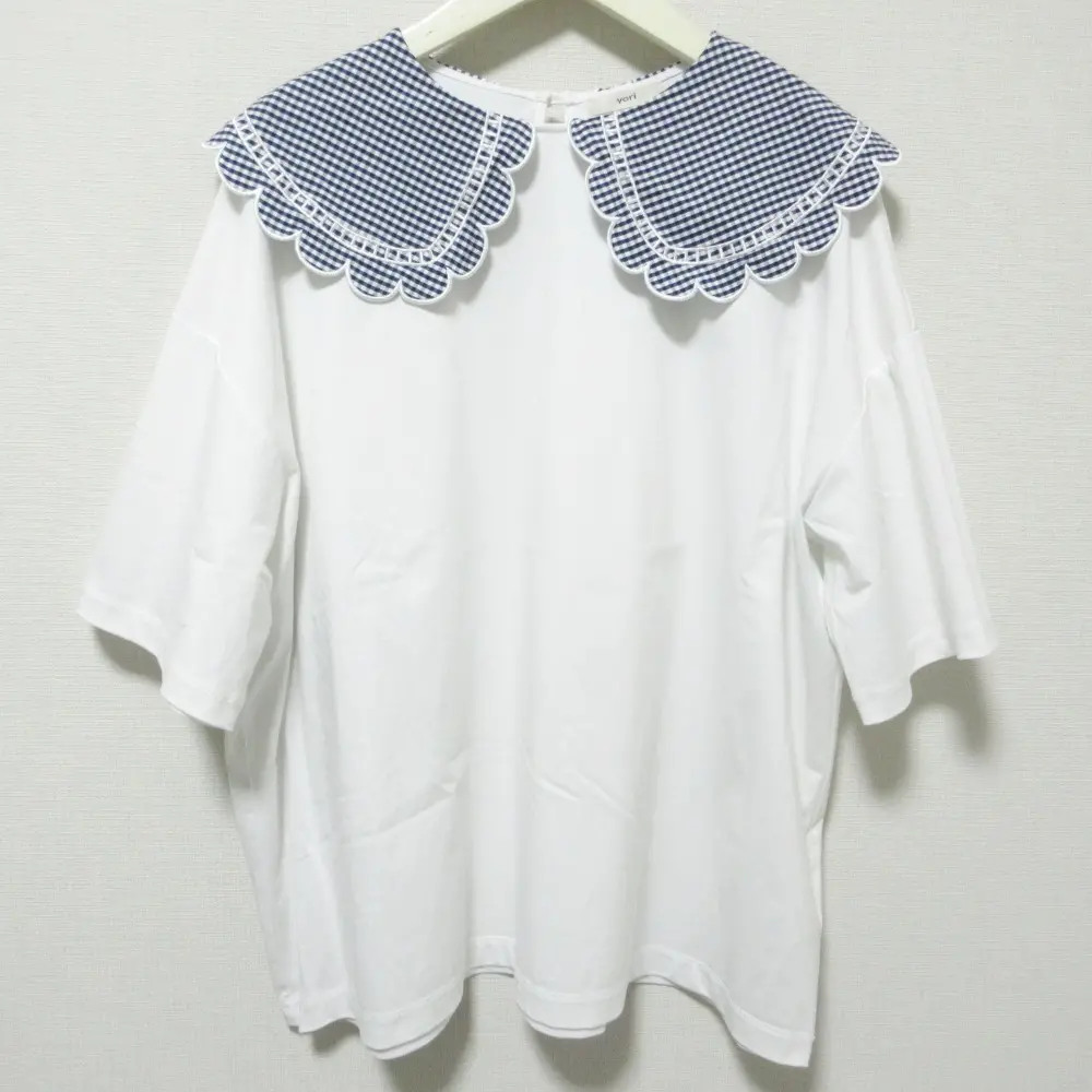 23SS yori ヨリ ギンガムスカラップカラーカットソー 半袖 五分袖 Tシャツ プルオーバー YR11-23079SM F ホワイト