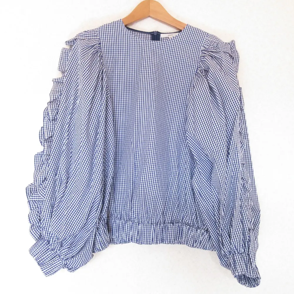 22SS yori ヨリ フリルスリーブブラウス ギンガムチェック柄 長袖 プルオーバー YR2221-010SP 36 ブルー