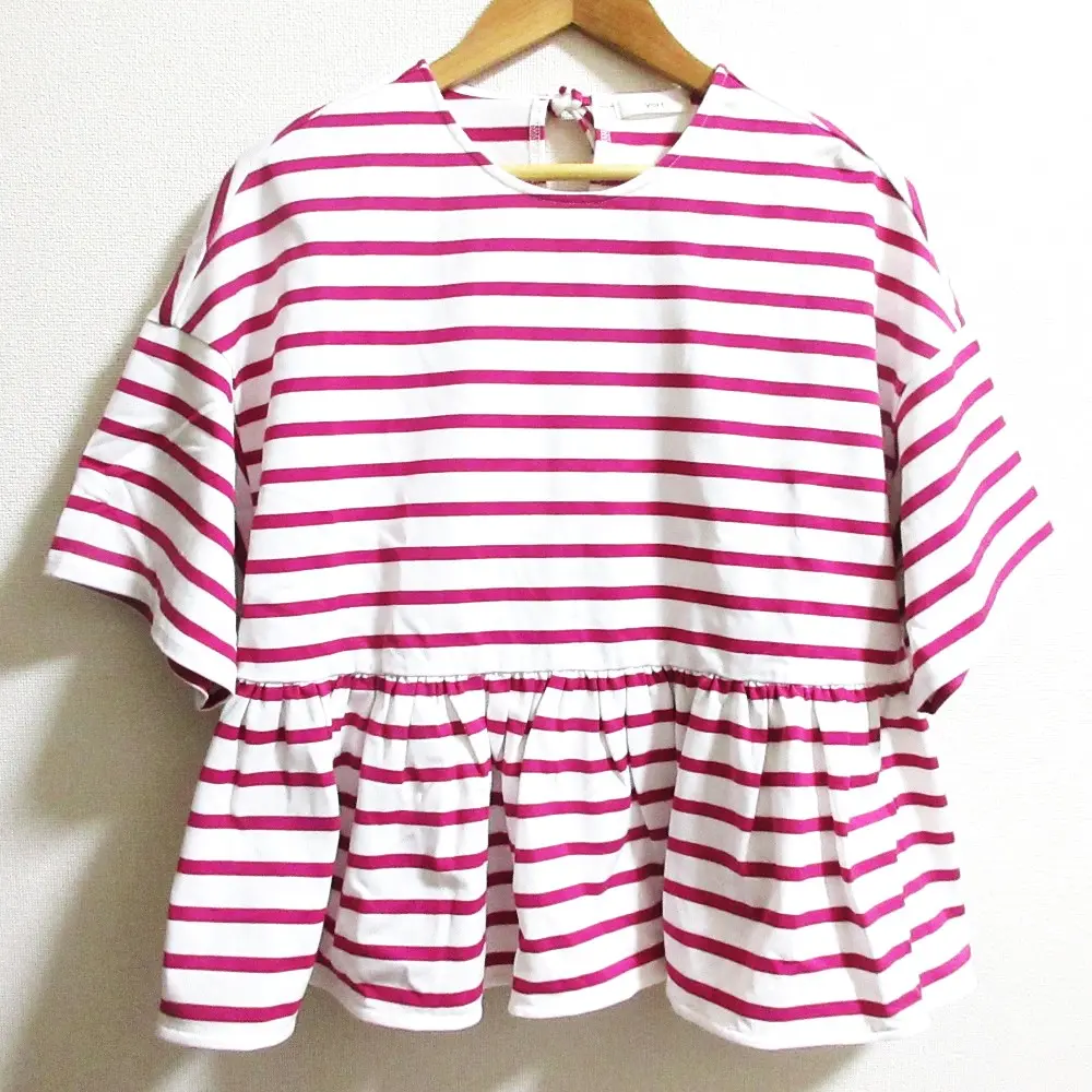 23SS yori ヨリ ヘムフリルボーダーカットソー 半袖 Tシャツ プルオーバー YR11-23142SM サイズF ホワイト×パープル