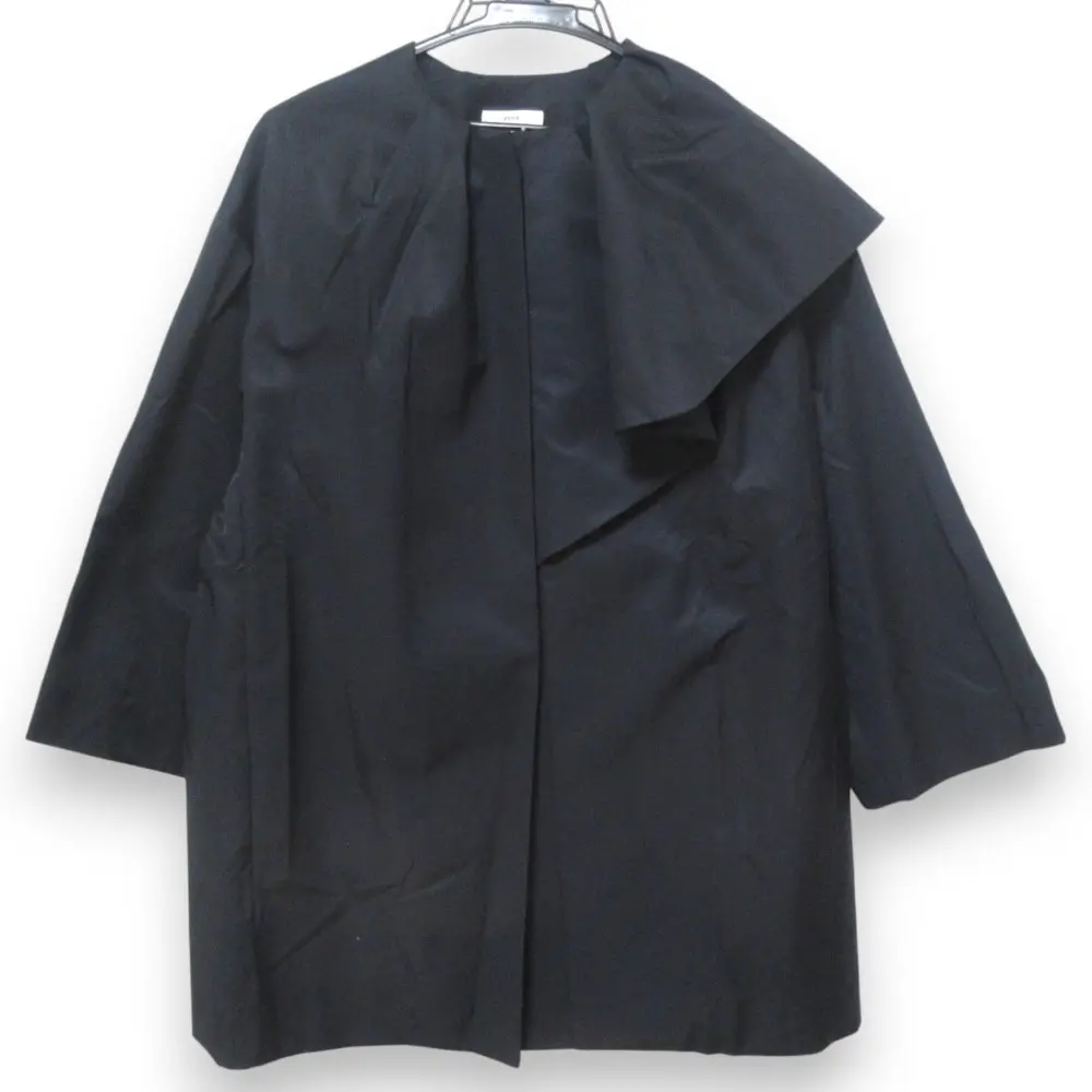 23SS yori ヨリ ノーカラー ツイルフレアハーフコート スプリングコート ジャケット YR25-23042SP サイズ36 ネイビー