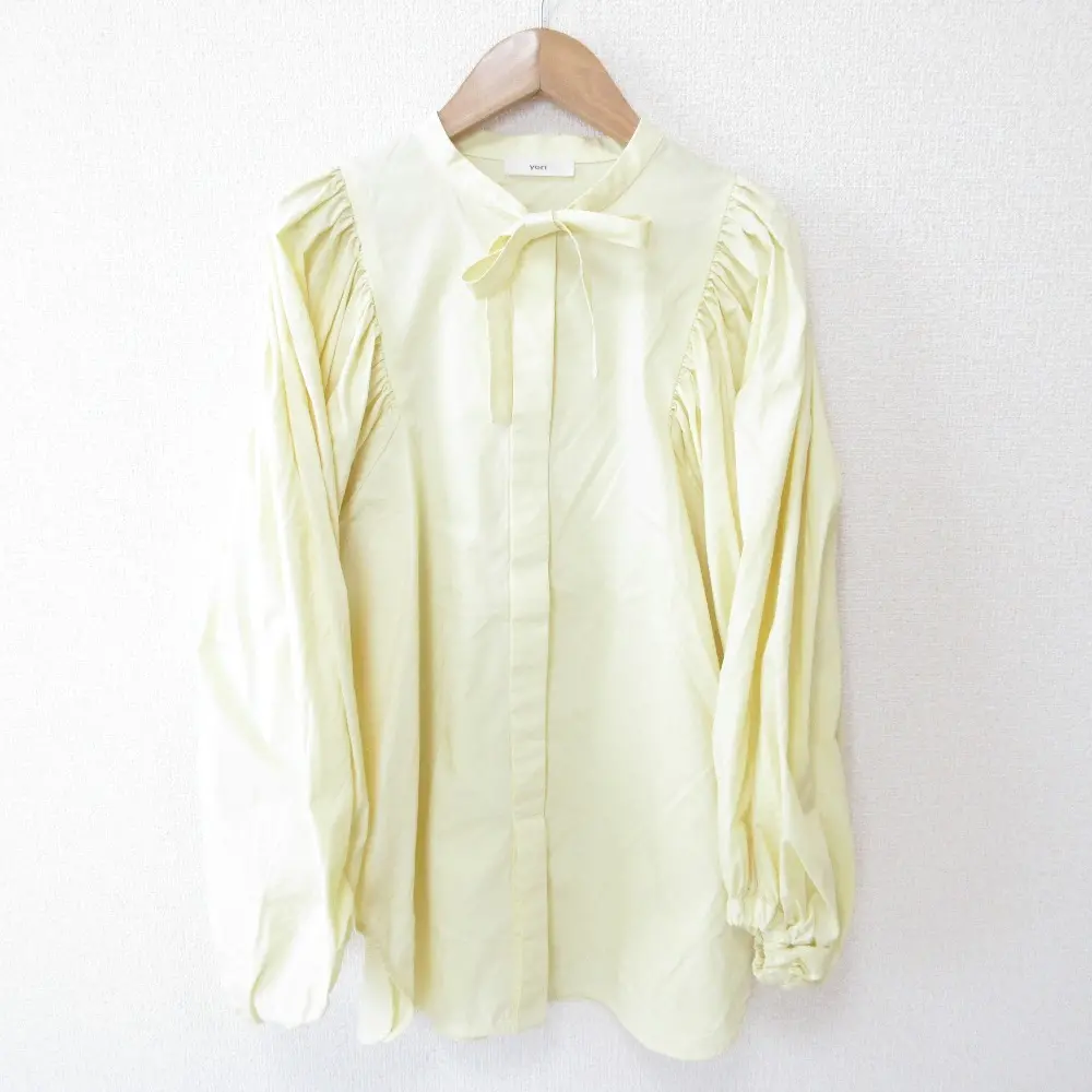 21AW yori ヨリ リボンパフスリーブブラウス 長袖 バンドカラー シャツ チュニック YR2121-096AW F イエロー