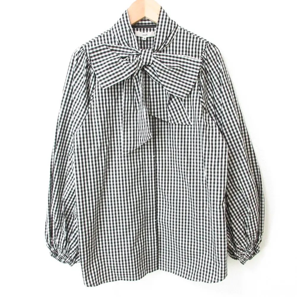 22AW yori ヨリ ギンガムチェック ボリュームスリーブ 長袖 リボンブラウス シャツ 36 ブラック