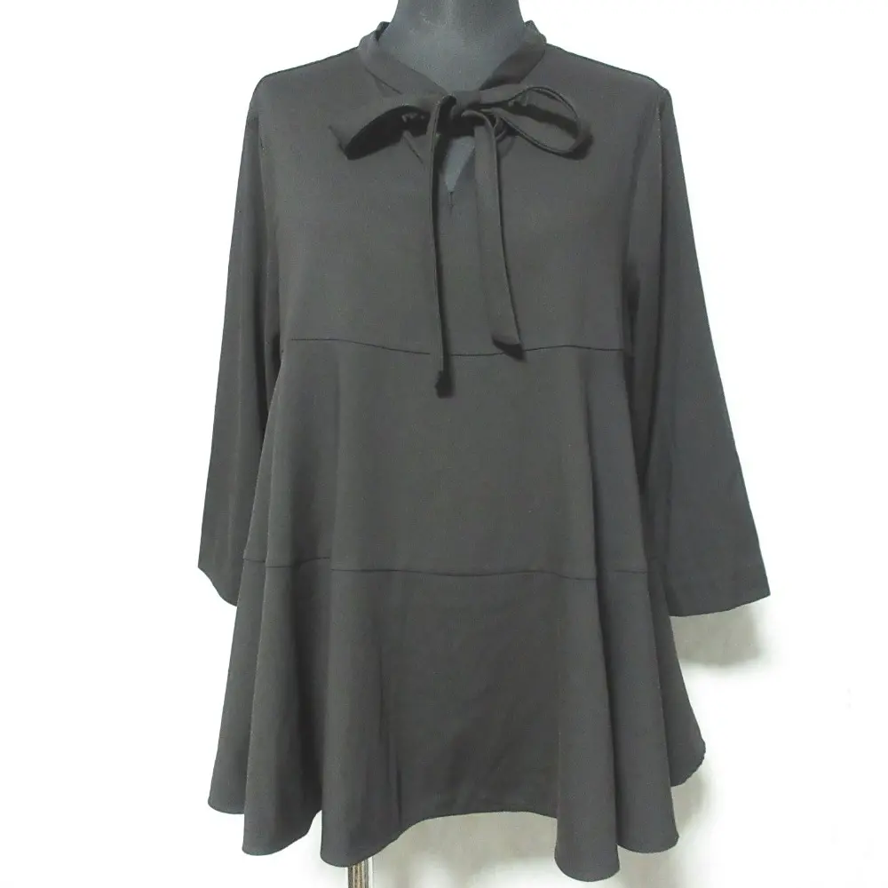 yori ヨリ ストレッチツイルリボンブラウス 七分袖 フレア チュニック YR1821-005SP 36 ブラック