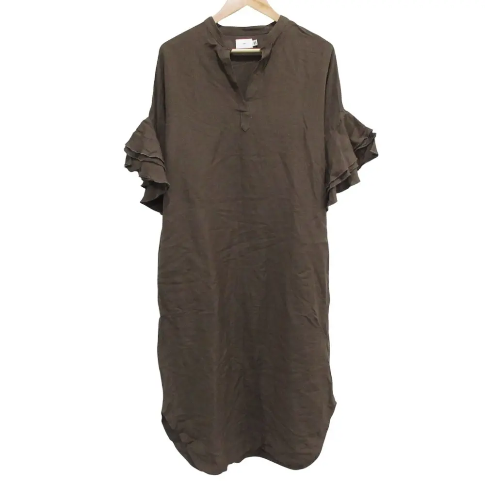 yori ヨリ フレアスリーブ キーネック リネン ロングワンピース FREE ブラウン