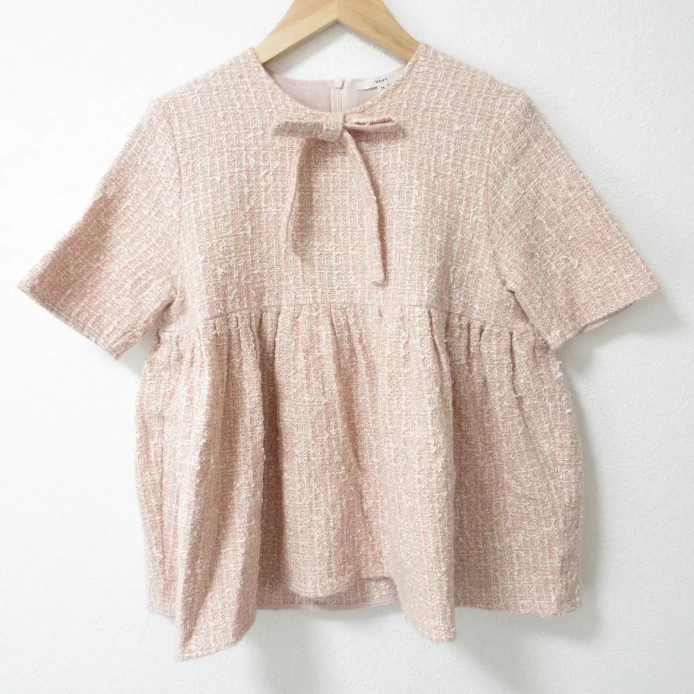 23SS yori ヨリ ミックスツイードブラウス 半袖 リボン ペプラム トップス プルオーバー YR21-23141SM 36 ピンク