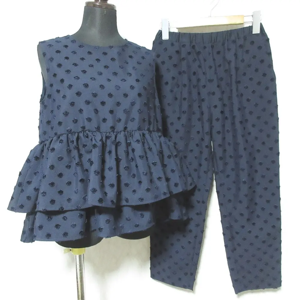 yori ヨリ ドットジャガード ノースリーブ ブラウス パンツ セットアップ サイズ36 ネイビー
