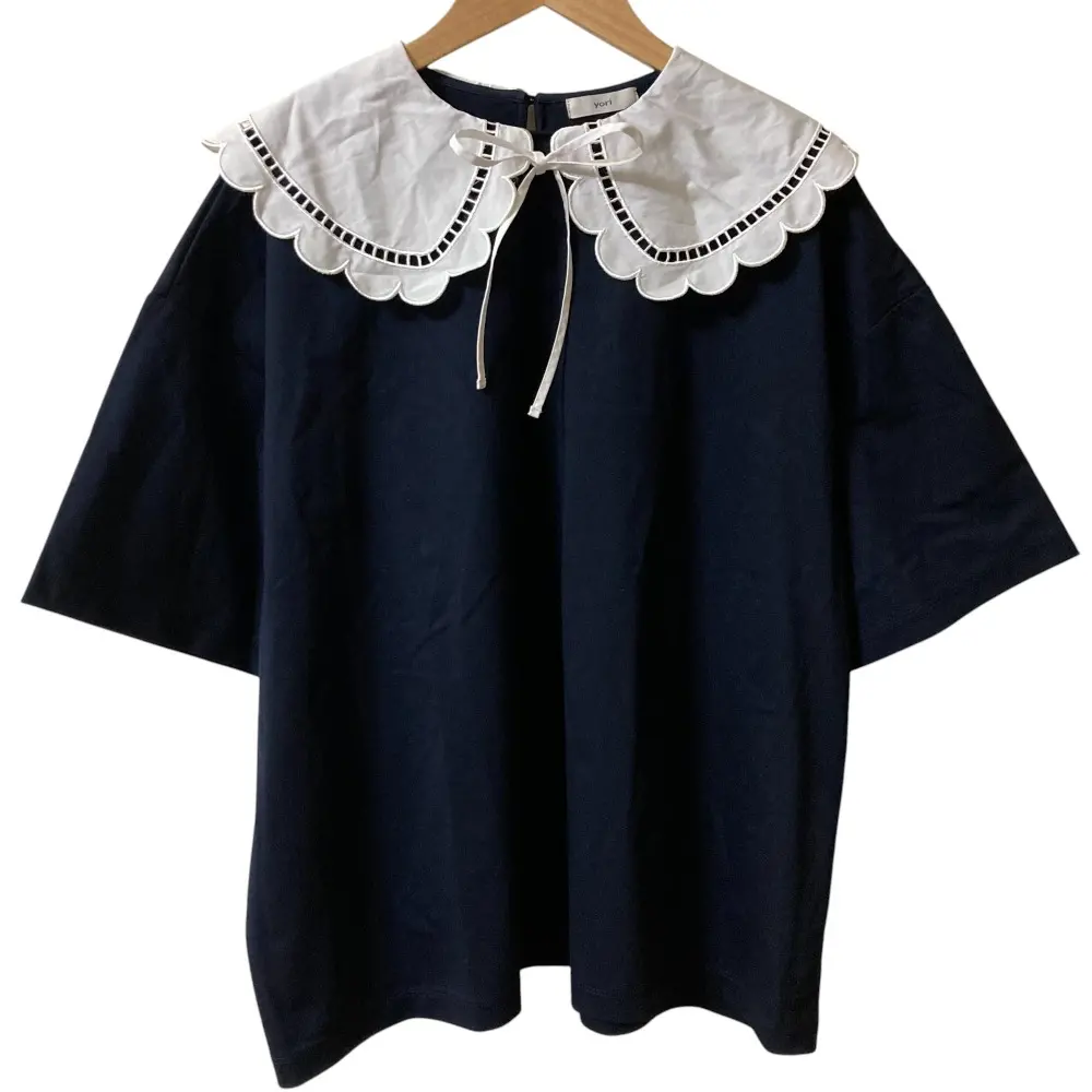 yori ヨリ スカラップカラーカットソー 半袖 五分袖 オーバーサイズ Tシャツ ブラウス YR2111-018SP F ネイビー