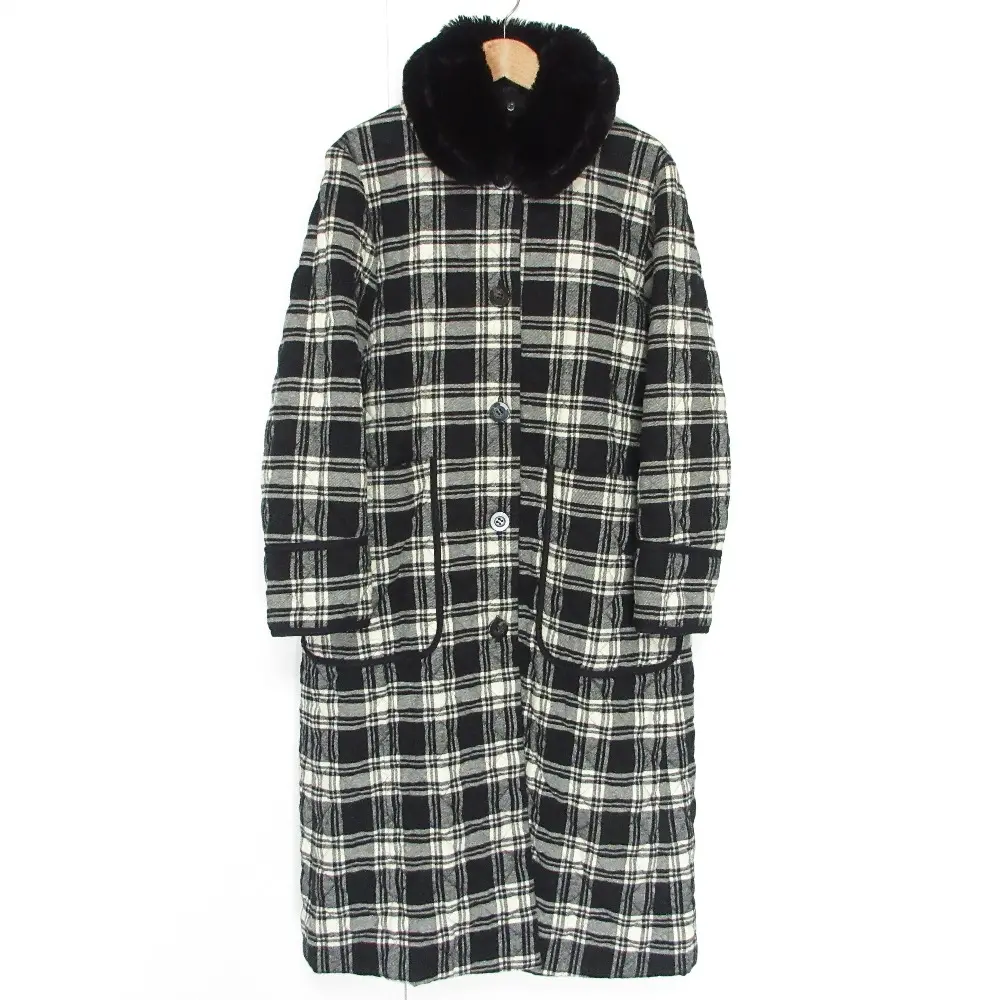 yori ヨリ フェイクファーカラー 2WAY チェック柄 ロング キルティングコート F ブラック