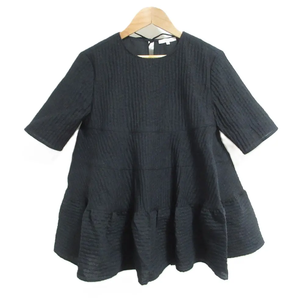 23SS yori ヨリ ラメ 五分袖 バックリボン ラウンドネック フクレティアードブラウス シャツ 36 ブラック