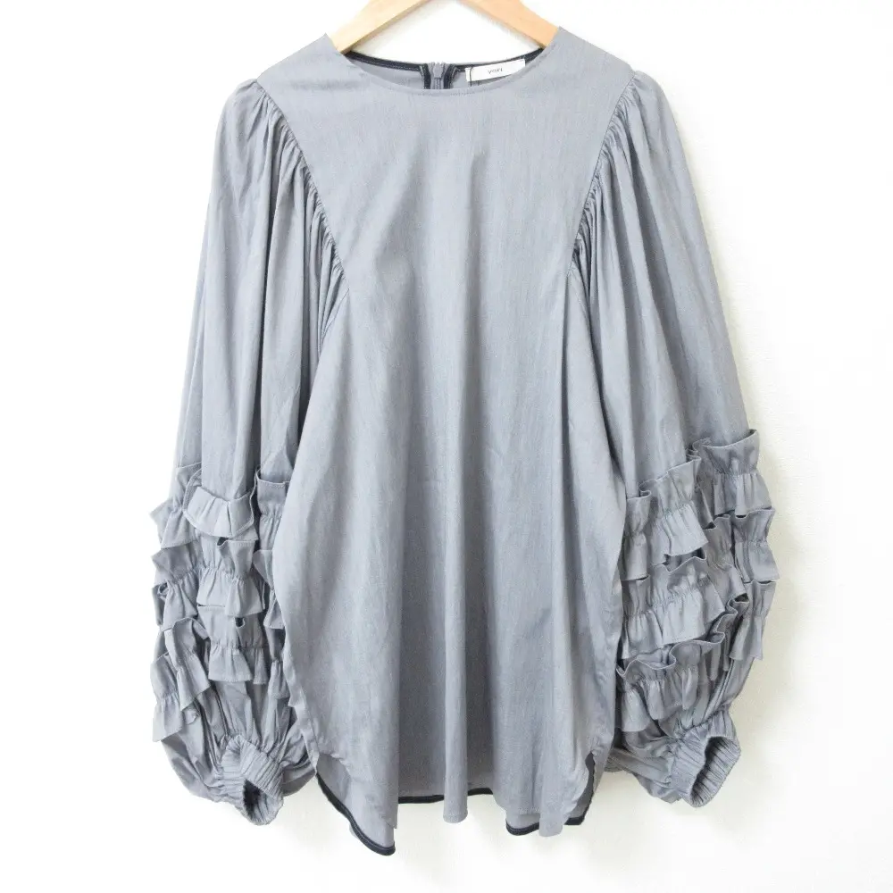 23SS yori ヨリ サークルフリルスリーブブラウス 長袖 プルオーバー チュニック YR21-23007SP サイズF ブルーグレー