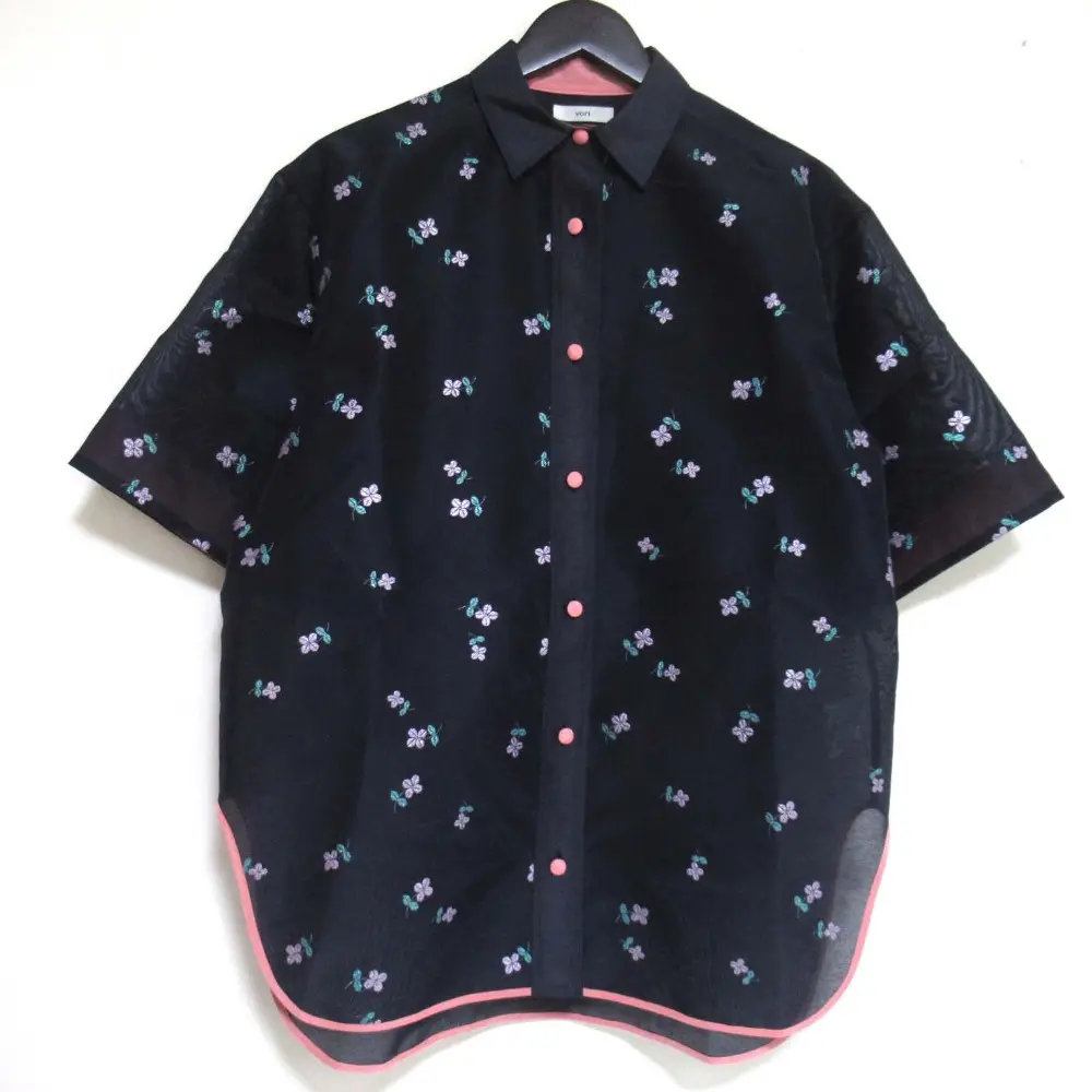 25SS yori ヨリ Lame Clover Sheer Shirt クローバー刺繍 エンブロイダリー ショートスリーブ ブラウス YR21-25039SP F ネイビー