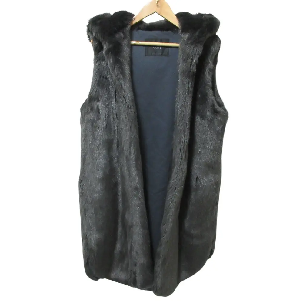 yori ヨリ フロントオープン フーデッド エコファー ロングジレ ベスト コート F グレー