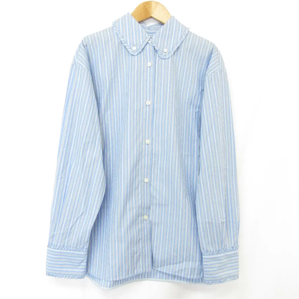 24AW yori ヨリ ミニフリル 長袖 ストライプシャツ YR21-24136AW サイズ38 ブルー