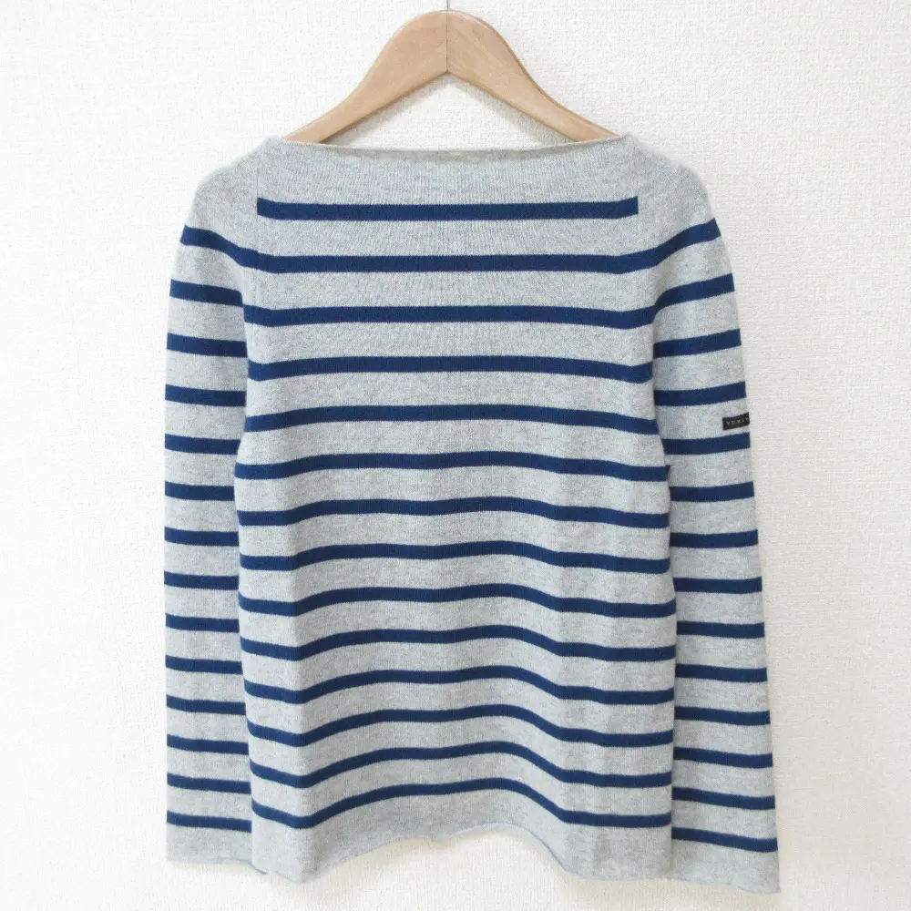 YURI PARK ユリパーク ボーダー カシミヤ100％ バックリボン ボートネック ニット プルオーバー セーター ブルー×グレー