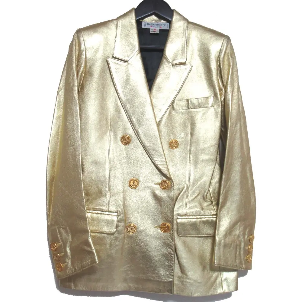 YVES SAINT LAURENT rive gauche イヴサンローラン フランス製 金ボタン ラムレザー ダブル テーラードジャケット 36 ゴールド