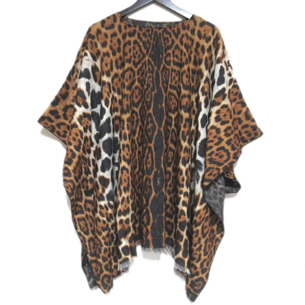 Yves Saint Laurent イヴサンローラン レオパード柄 カシミヤウール リバーシブル ポンチョ ブラウン×グレー