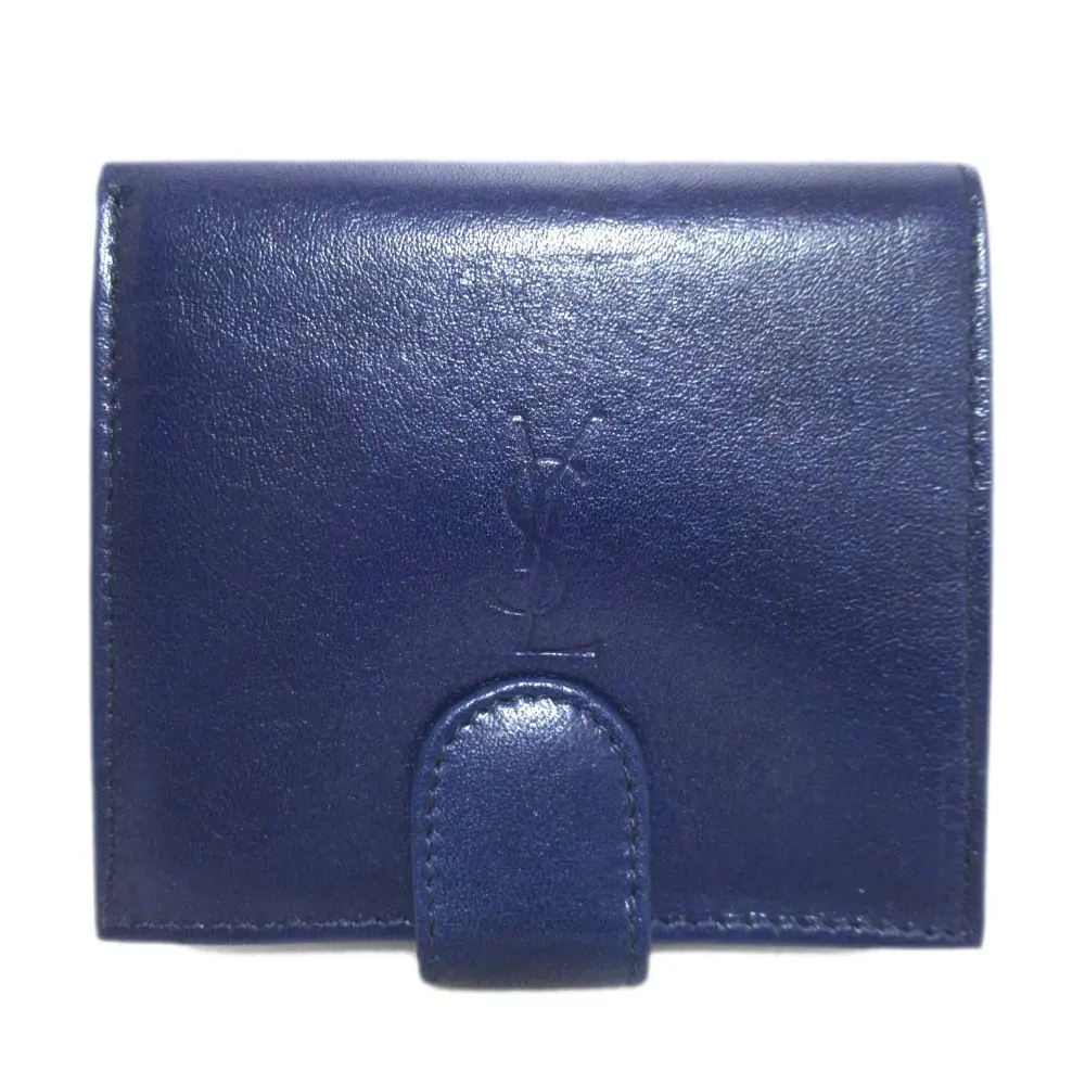Yves Saint Laurent イヴサンローラン レザー YSL カサンドラロゴ コンパクトウォレット 二つ折り 財布 小銭入れ ネイビーブルー