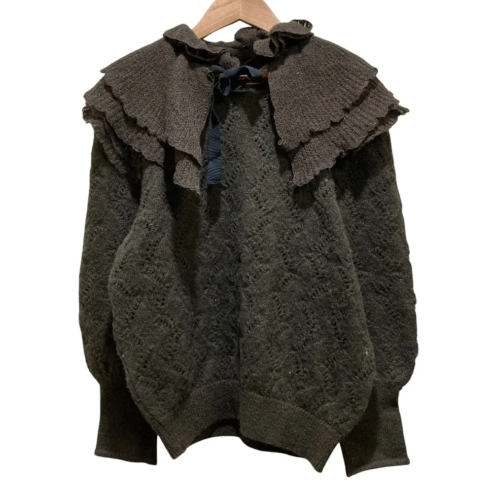 Yves Saint Laurent イヴサンローラン フリルカラー付き ロングスリーブ クロシェニット Mサイズ ダークブラウン