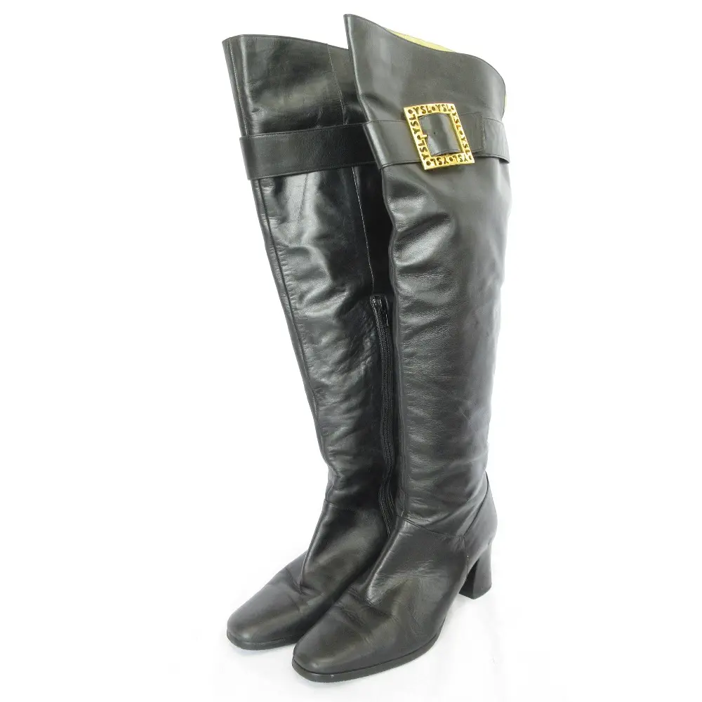 YVES SAINT LAURENT イヴサンローラン ロゴバックル サイドジップ レザー ロングブーツ 36 1/2 23.5cm相当 ブラック